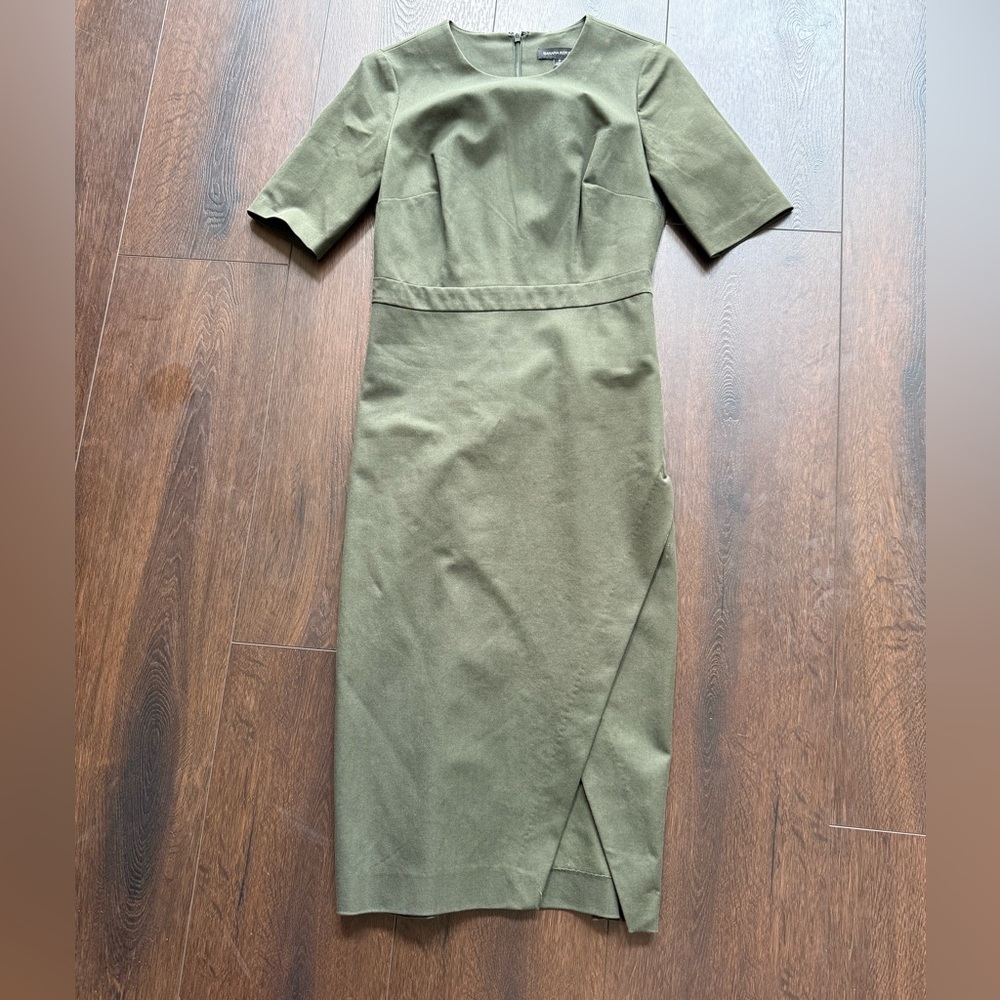 Banana Republic dark olive dress with defined waist and sexy side slit